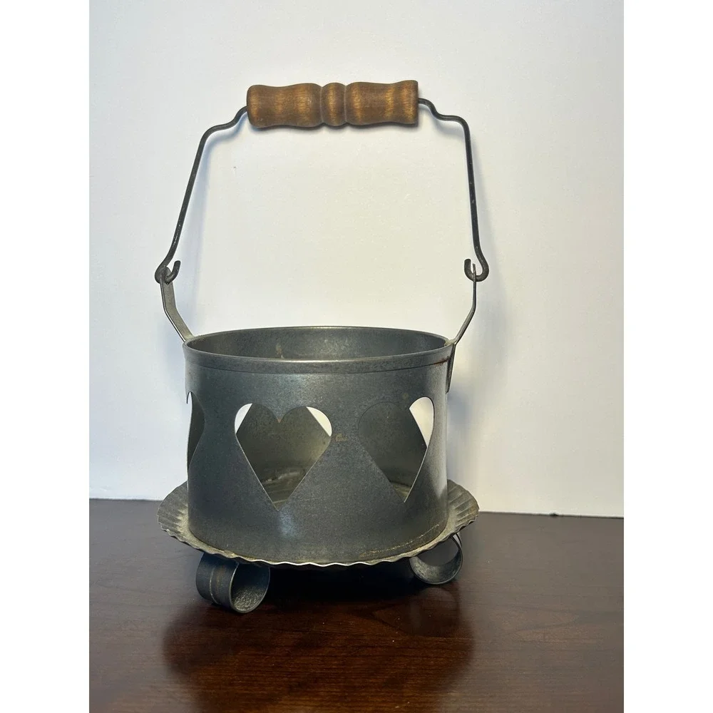 Vintage Galvanized Metal Heart Cutout Candle Holder Rustic Primitive Wood Handle